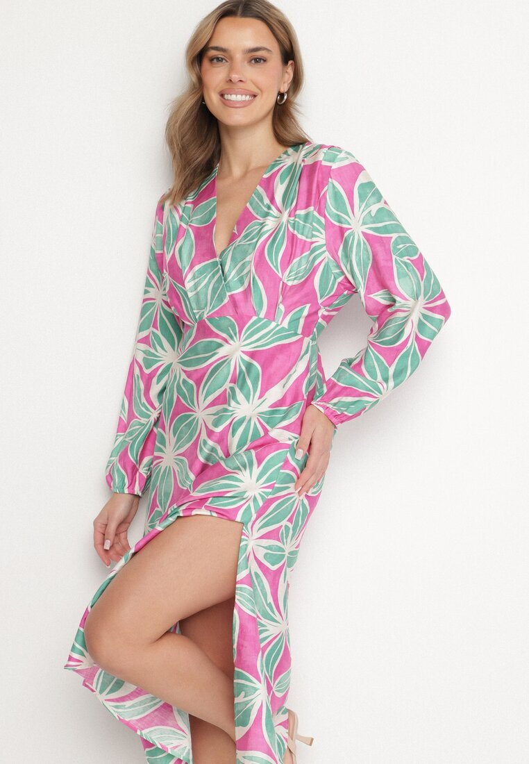 retro & icone Rochie Verde-Fuchsia Florală din Viscoză cu Decolteu Petrecut Selliora