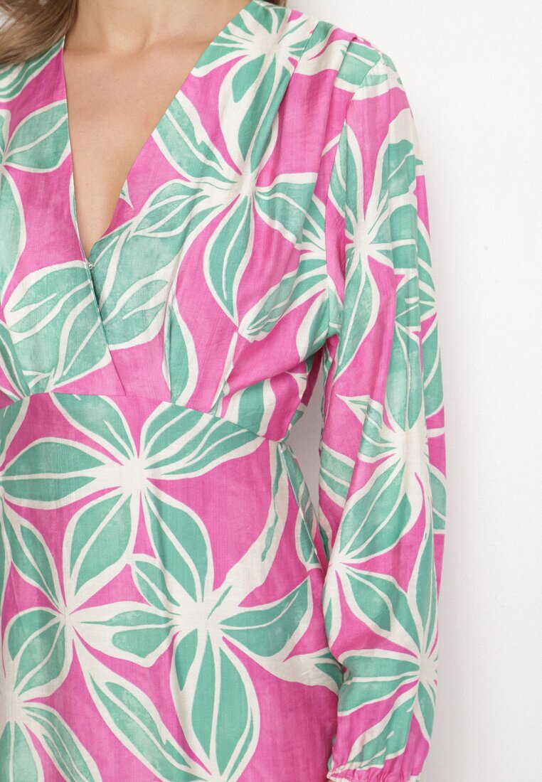 retro & icone Rochie Verde-Fuchsia Florală din Viscoză cu Decolteu Petrecut Selliora