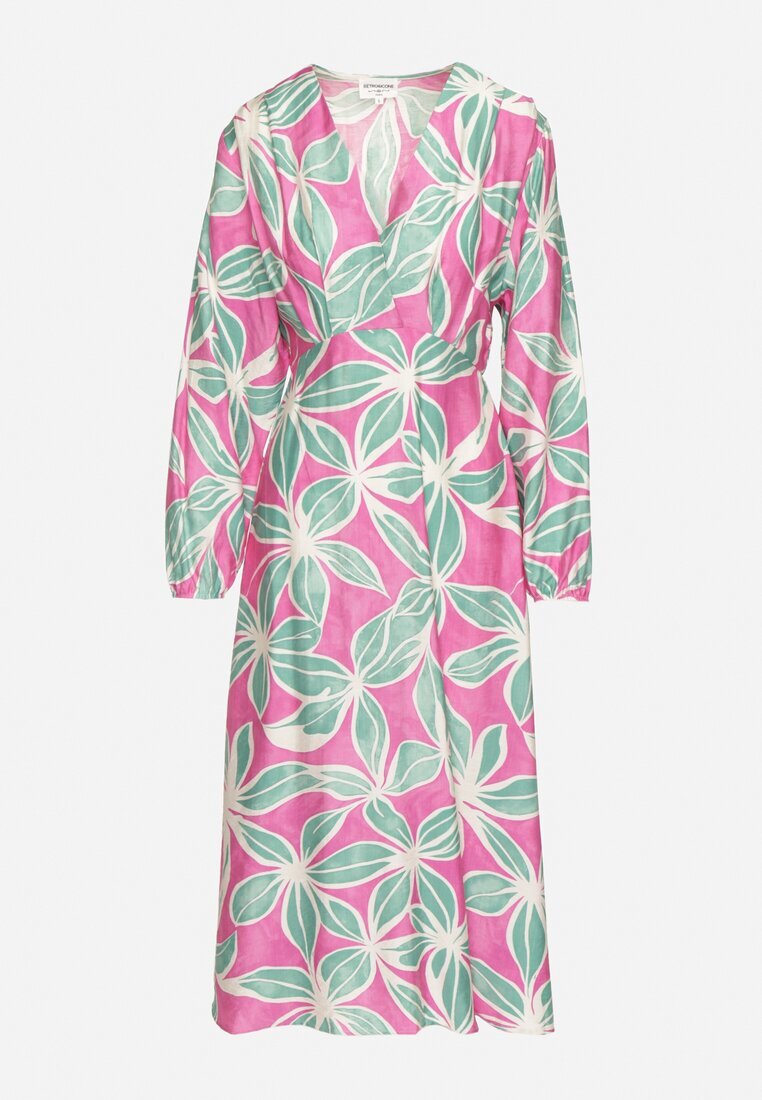 retro & icone Rochie Verde-Fuchsia Florală din Viscoză cu Decolteu Petrecut Selliora