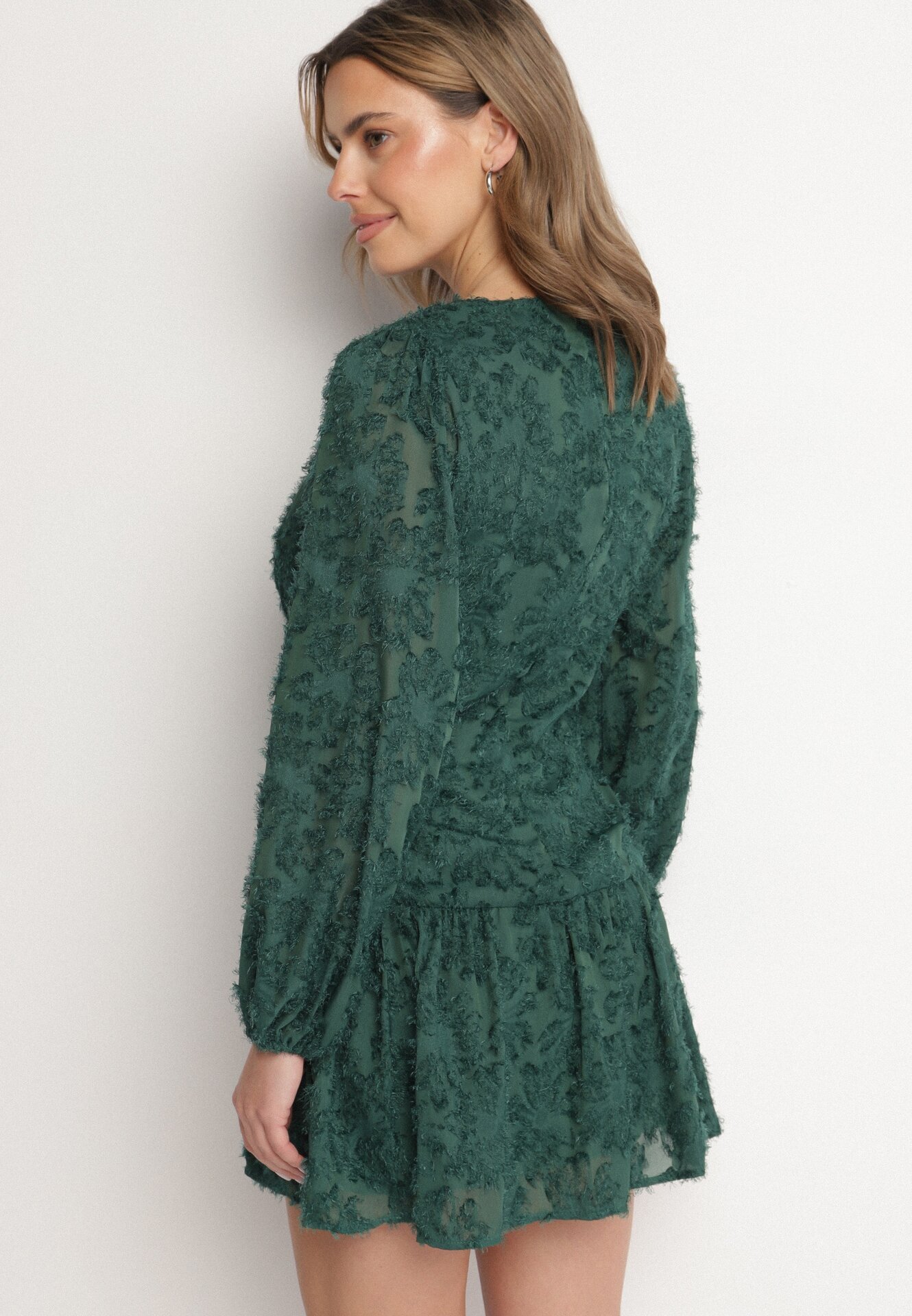 retro & icone Rochie verde închis de dantelă cu decolteu petrecut și drapaje Labisse