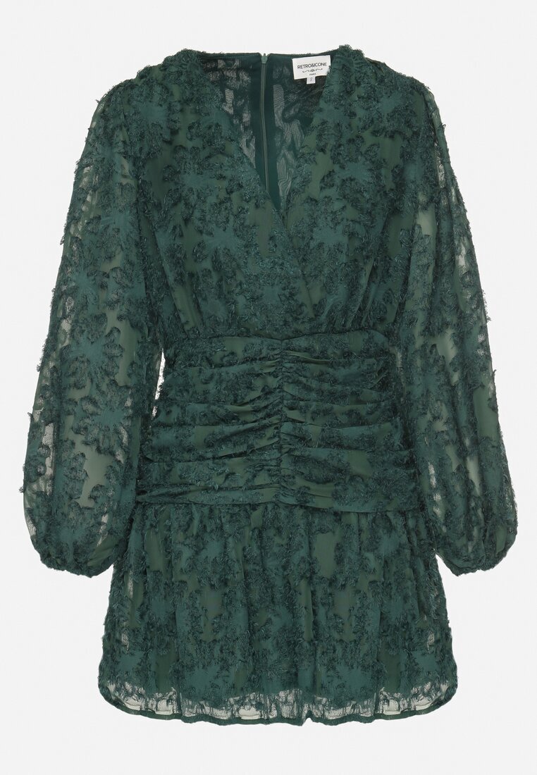 retro & icone Rochie verde închis de dantelă cu decolteu petrecut și drapaje Labisse