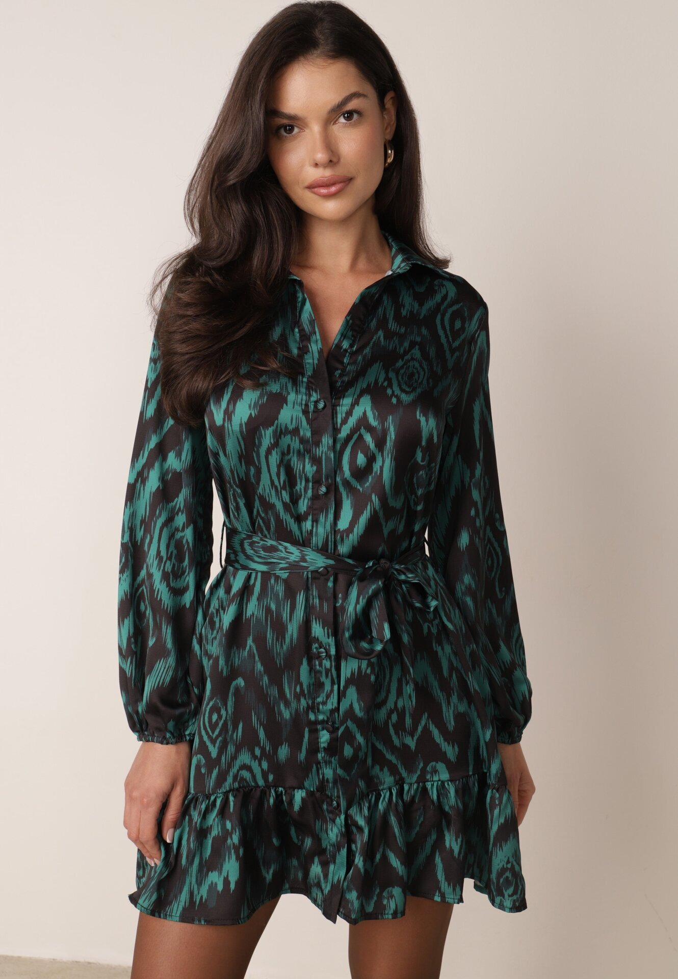 retro & icone Rochie Verde Tip Cămașă cu Curea Legată și Volane Magdalina