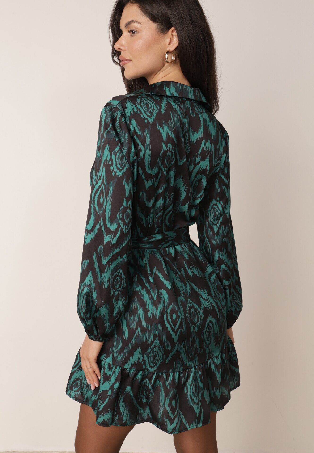 retro & icone Rochie Verde Tip Cămașă cu Curea Legată și Volane Magdalina