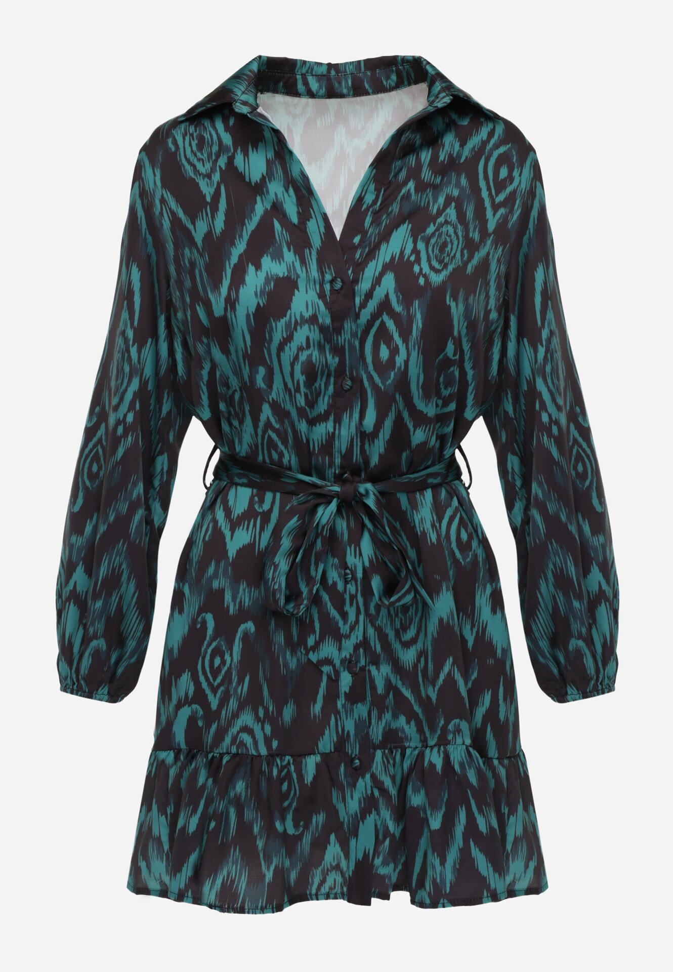 retro & icone Rochie Verde Tip Cămașă cu Curea Legată și Volane Magdalina