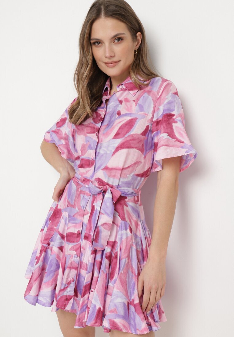 retro & icone Rochie Violet-Roz Cloche cu Volane și Curea Aquamar