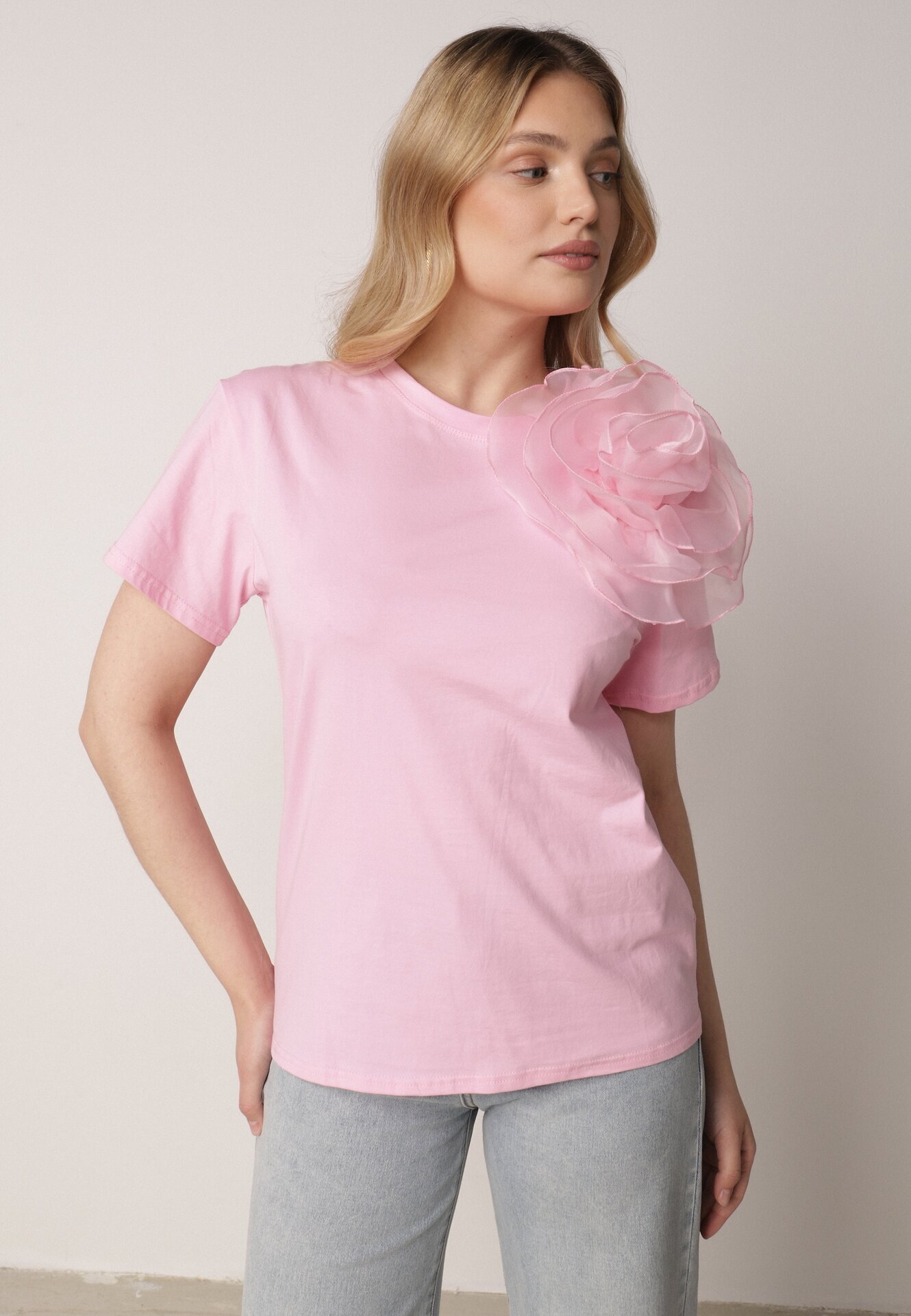 retro & icone Tricou cu mânecă scurtă Roz și aplicație în formă de floare Nestairis