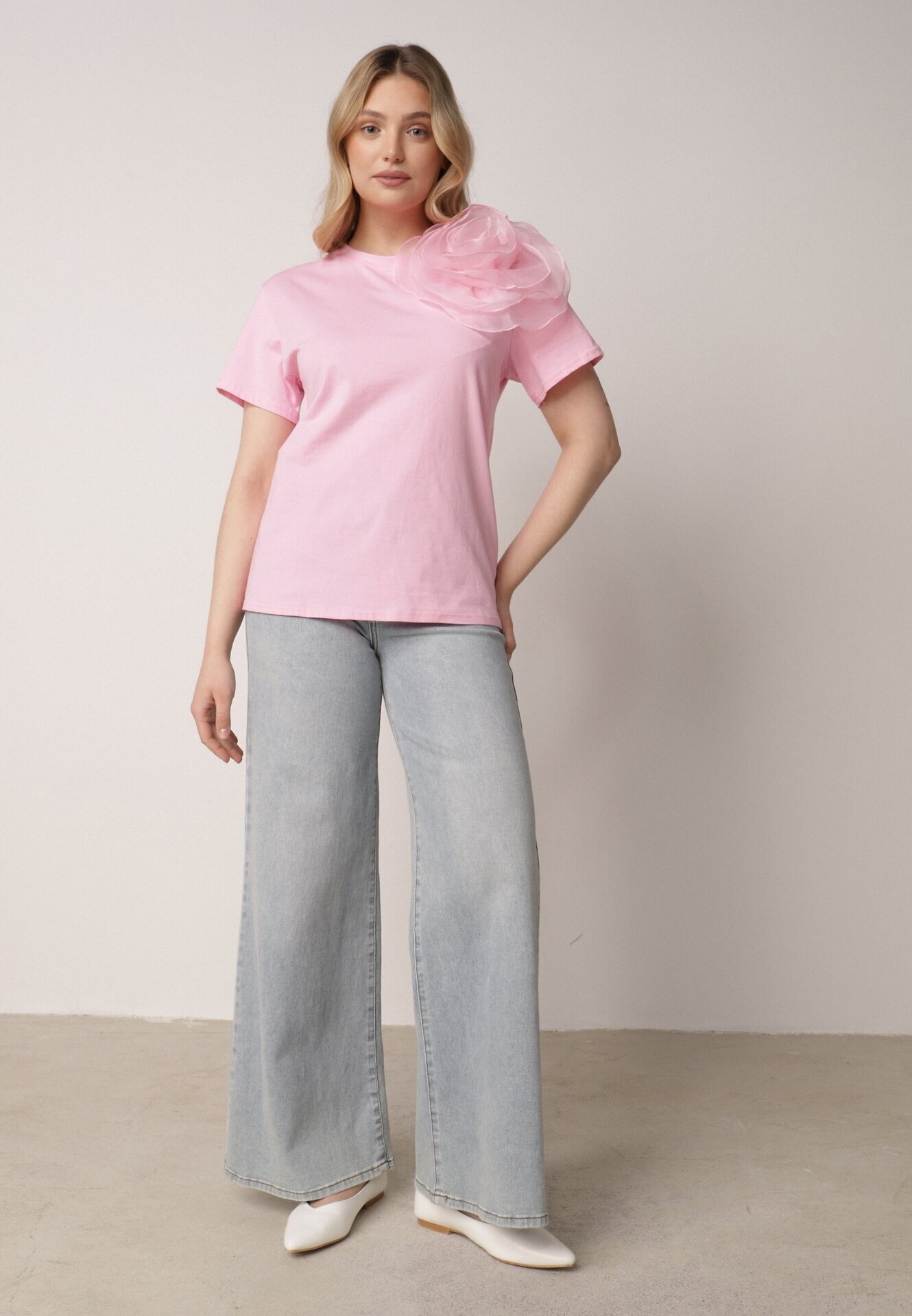 retro & icone Tricou cu mânecă scurtă Roz și aplicație în formă de floare Nestairis