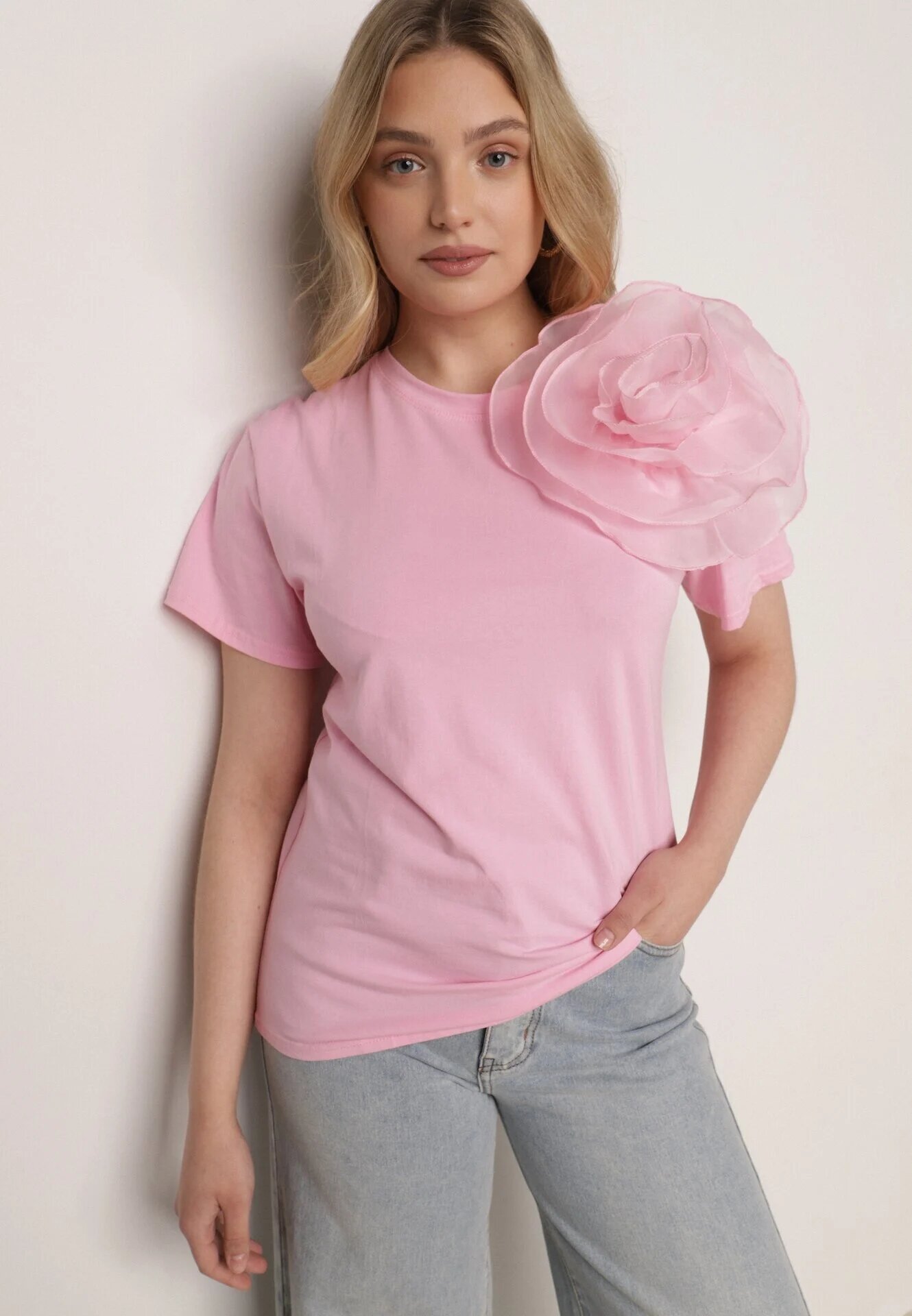 retro & icone Tricou cu mânecă scurtă Roz și aplicație în formă de floare Nestairis