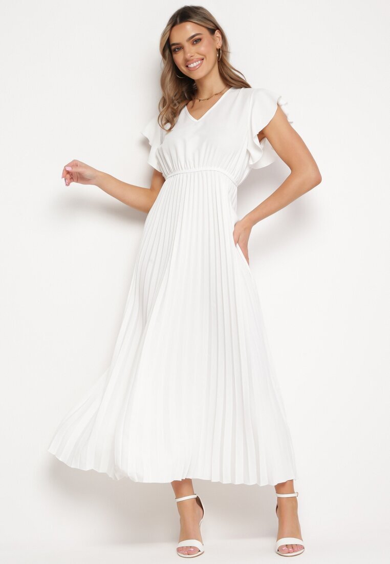  Rochie Albă Plisată Maxi Evazată cu Mâneci Lărgi Serahpine