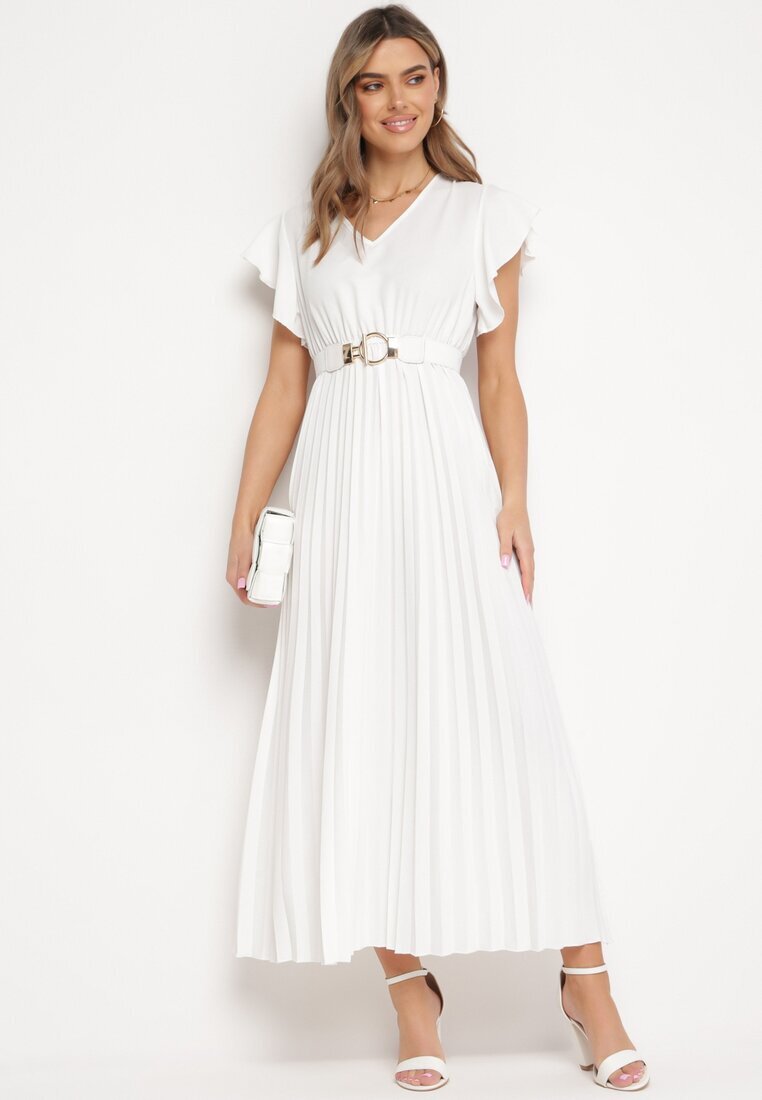  Rochie Albă Plisată Maxi Evazată cu Mâneci Lărgi Serahpine