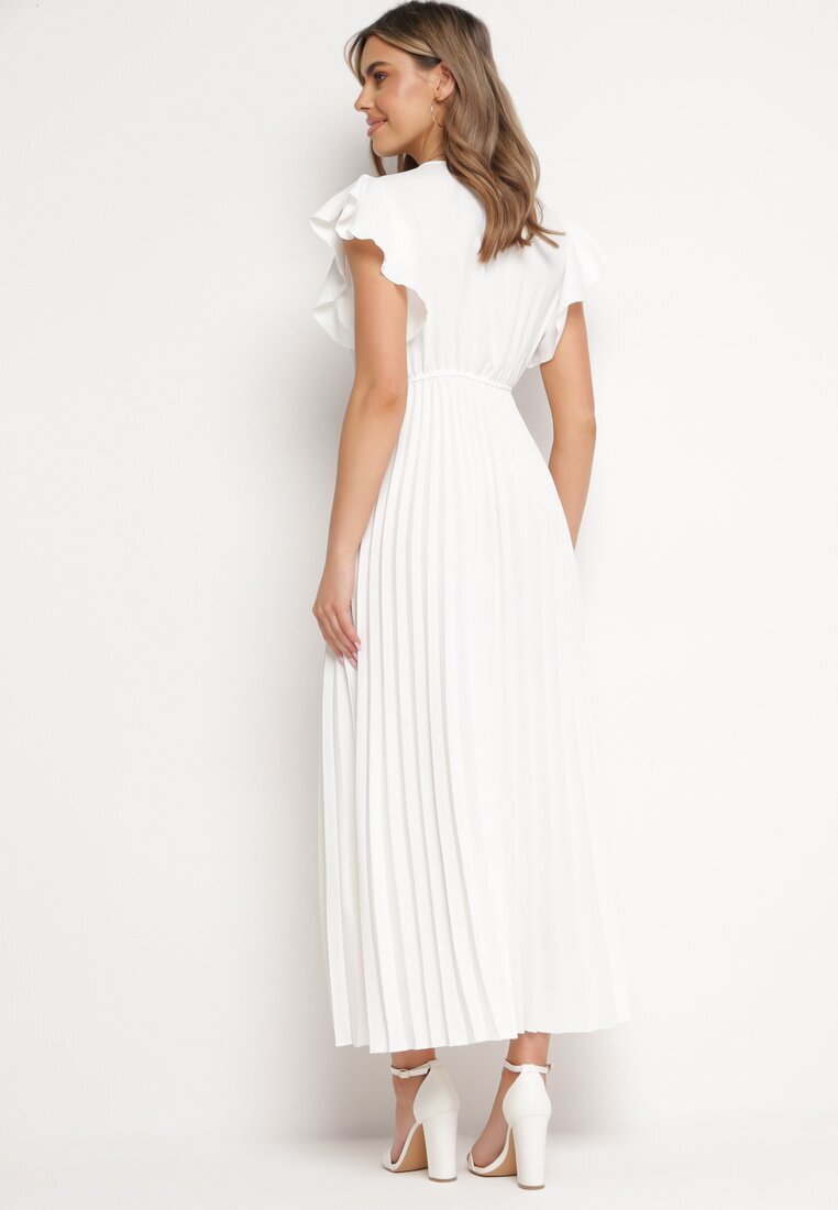  Rochie Albă Plisată Maxi Evazată cu Mâneci Lărgi Serahpine