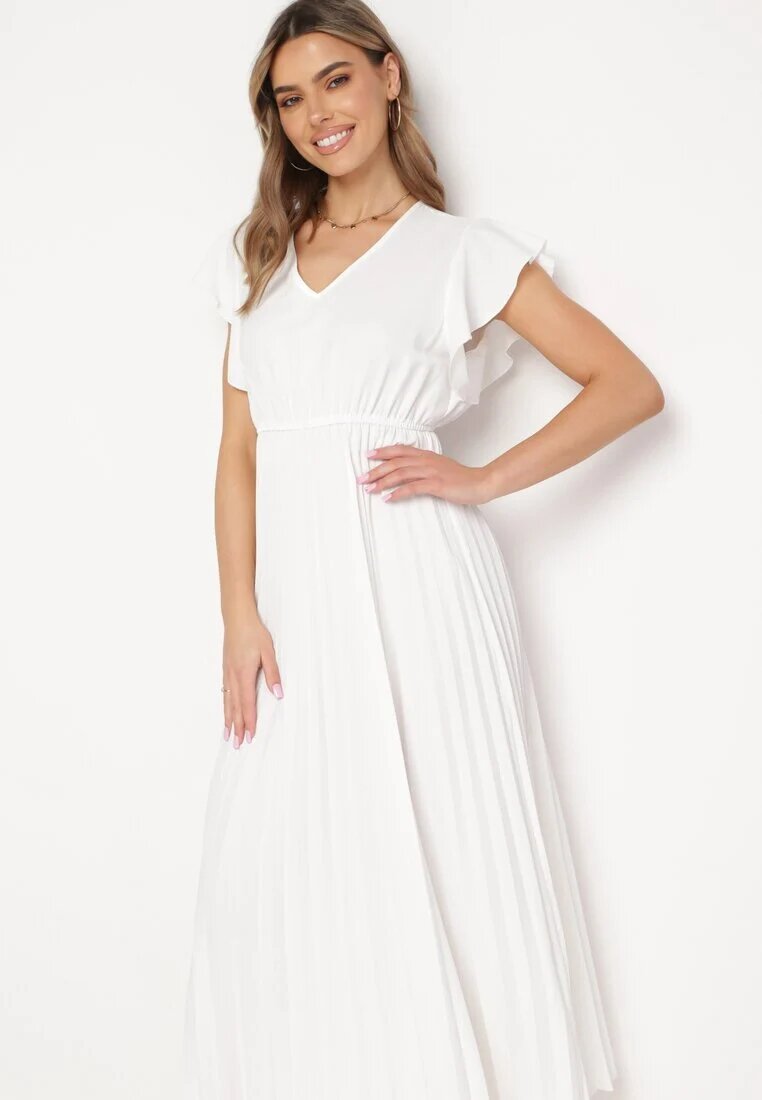  Rochie Albă Plisată Maxi Evazată cu Mâneci Lărgi Serahpine