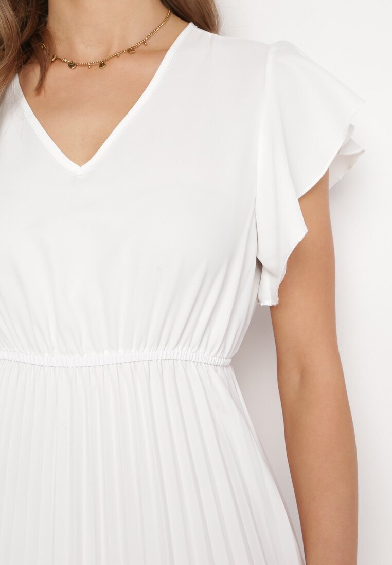  Rochie Albă Plisată Maxi Evazată cu Mâneci Lărgi Serahpine