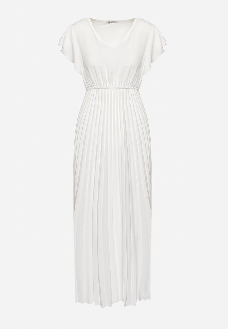  Rochie Albă Plisată Maxi Evazată cu Mâneci Lărgi Serahpine