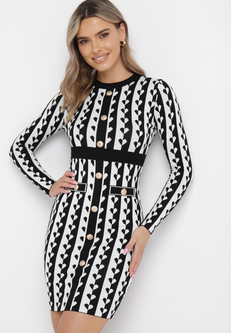  Rochie Albă Tricotată Mini cu Imprimeu Geometric Carlas