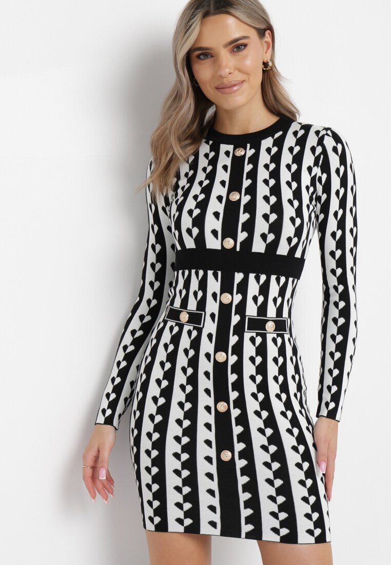  Rochie Albă Tricotată Mini cu Imprimeu Geometric Carlas