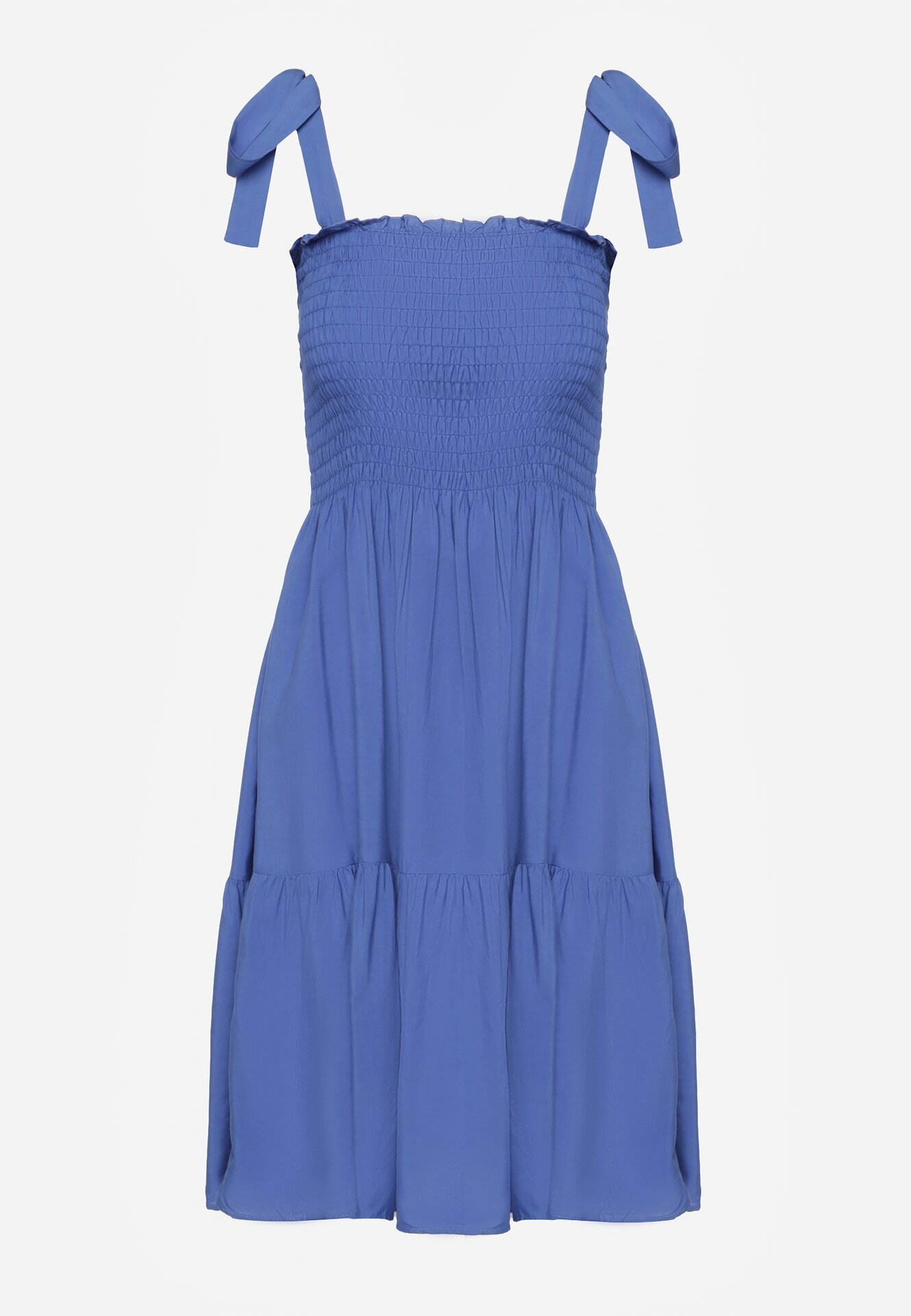  Rochie Albastră Evazată din Bumbac cu Elastic în Talie cu Bretele Gelfea