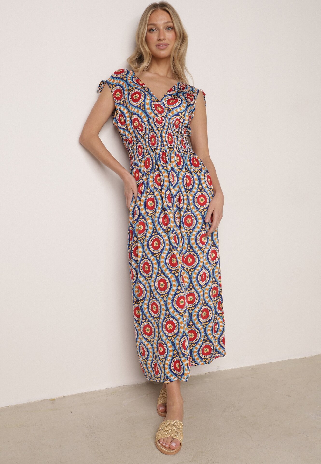  Rochie Albastru-Roșie Cloche Maxi cu elastic în talie Branna