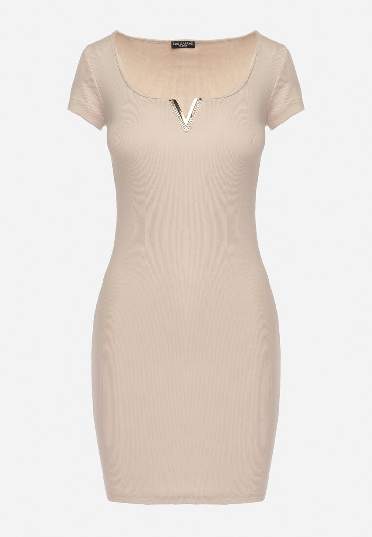  Rochie Bej de Bumbac Mini cu Decolteu Decorativ Grandria