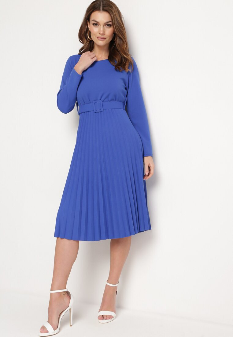  Rochie Bleumarin Midi cu fustă plisată și cordon Ondinetta