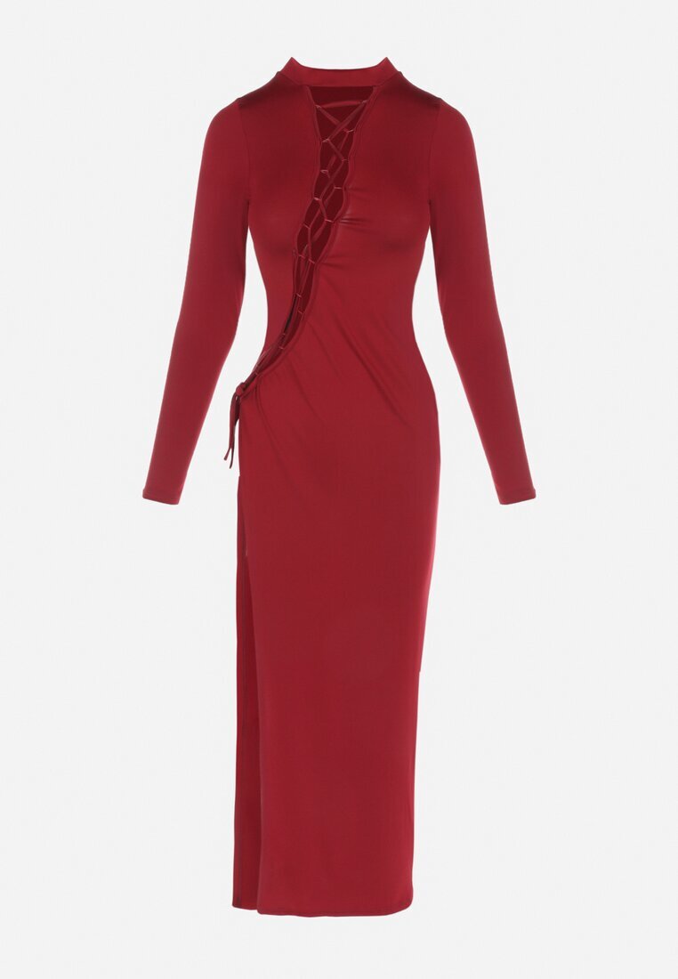  Rochie Bordeaux Mulată cu Legătură Asimetrică în Față Normi