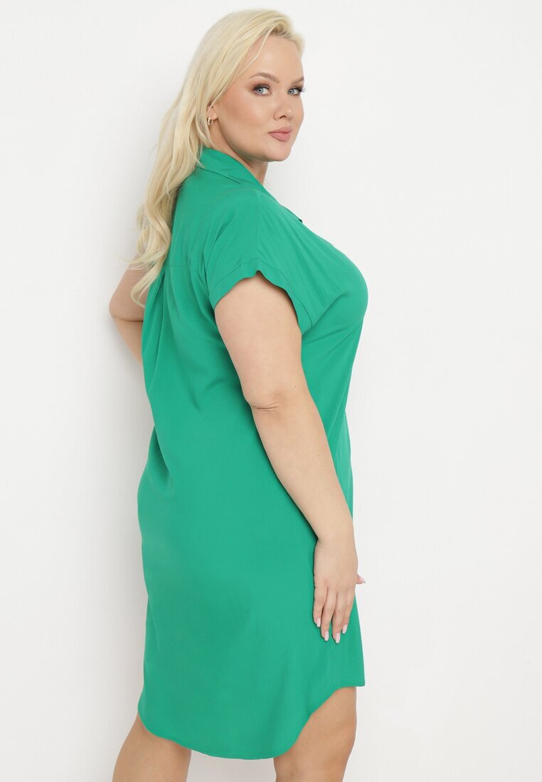  Rochie Cămașă Verde din Vâscoză cu Buzunar cu Croială Dreaptă Caviella