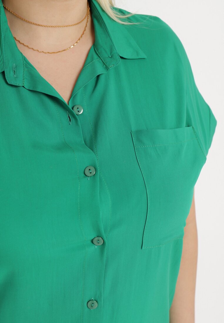  Rochie Cămașă Verde din Vâscoză cu Buzunar cu Croială Dreaptă Caviella