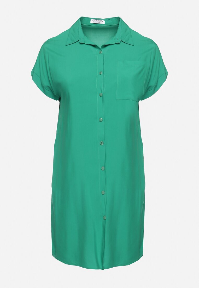  Rochie Cămașă Verde din Vâscoză cu Buzunar cu Croială Dreaptă Caviella