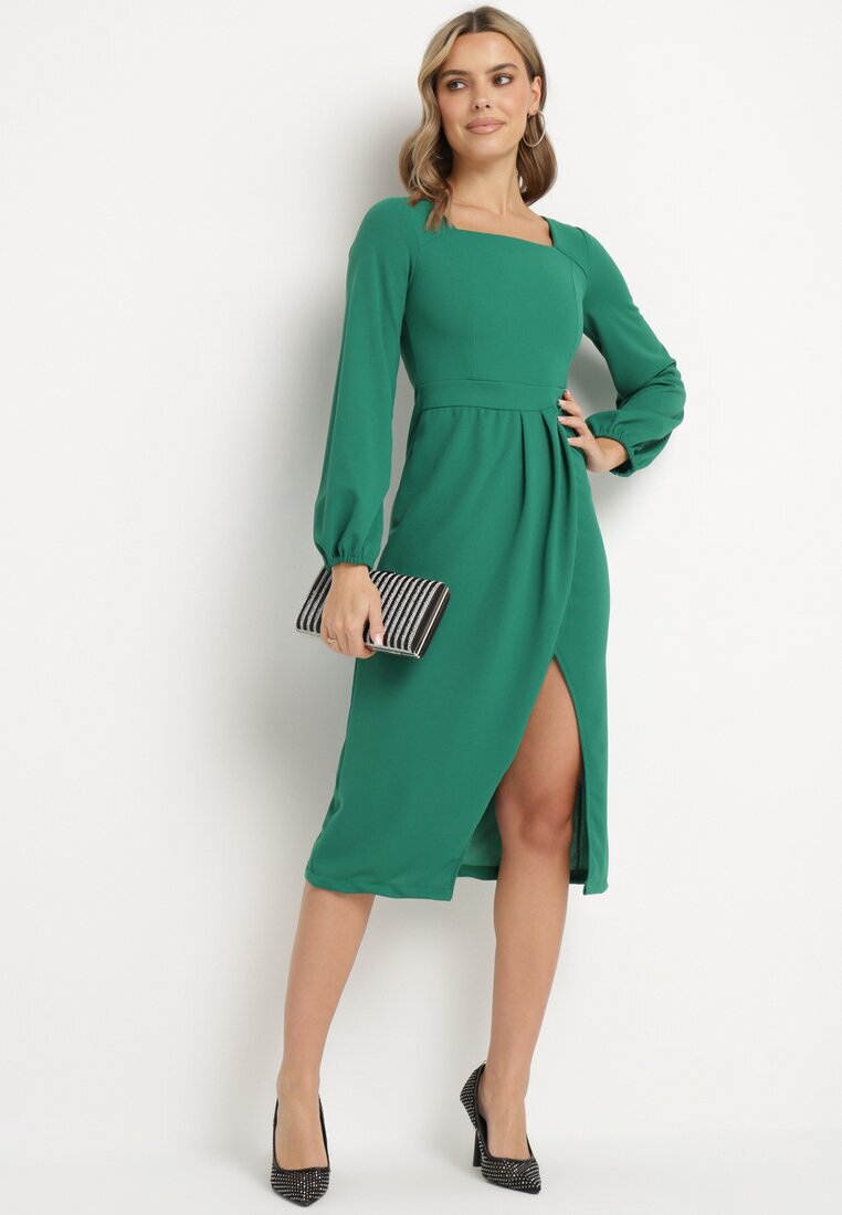  Rochie de cocktail Verde cu fustă petrecută și manșete elastice Felilena