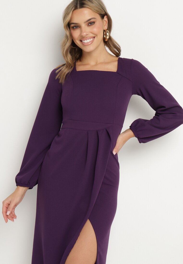  Rochie de cocktail Violet cu fustă petrecută și cu elastic la mâneci Felilena