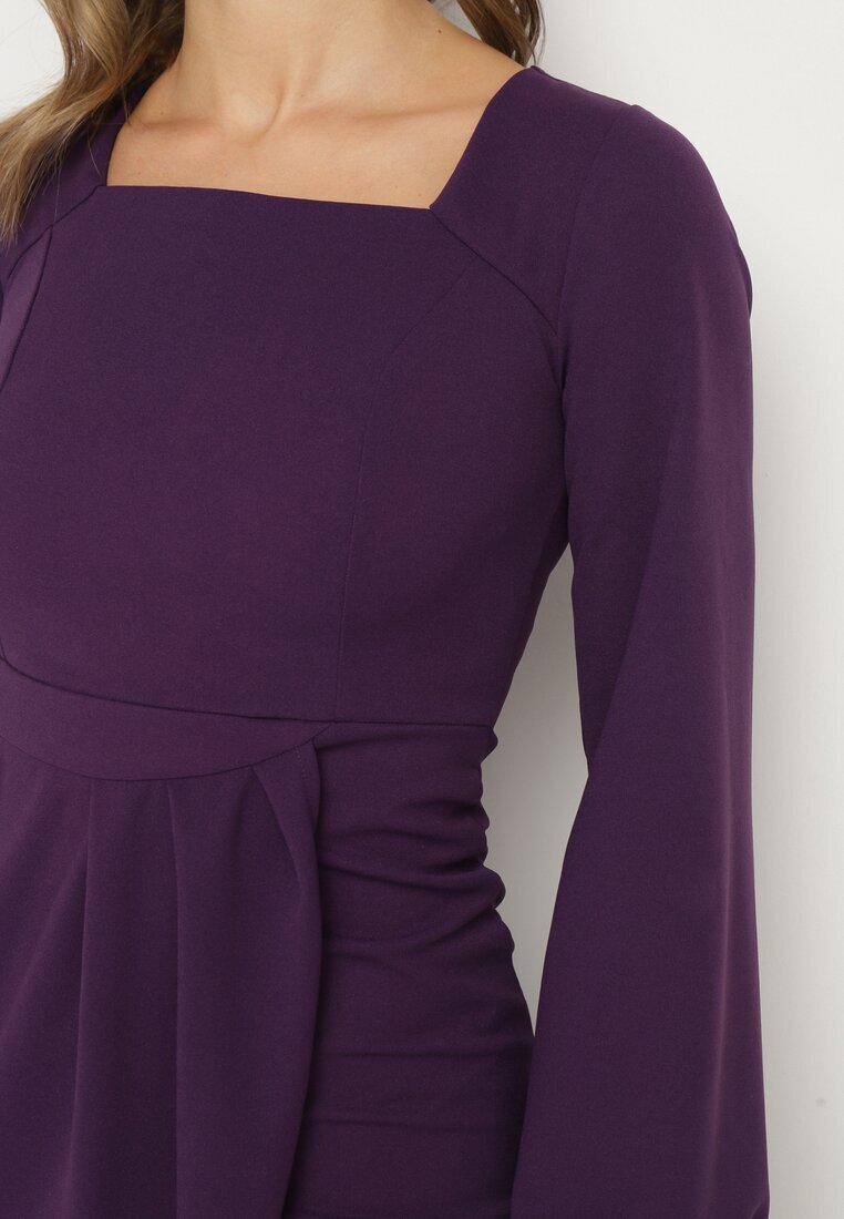  Rochie de cocktail Violet cu fustă petrecută și cu elastic la mâneci Felilena