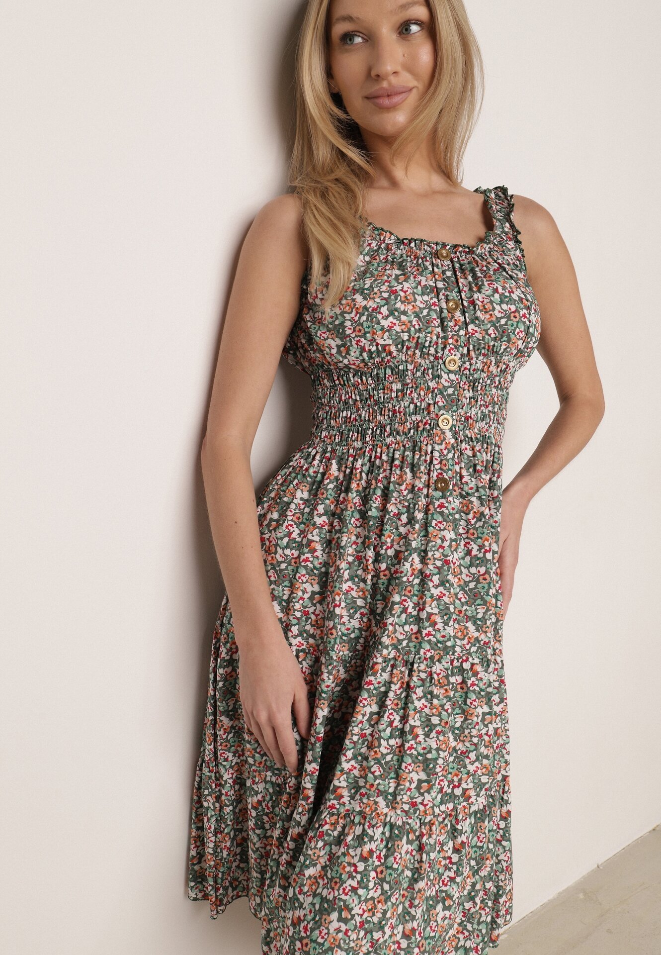  Rochie Evazată Verde-Roz din Bumbac Finisată cu elastic în talie Nelaris