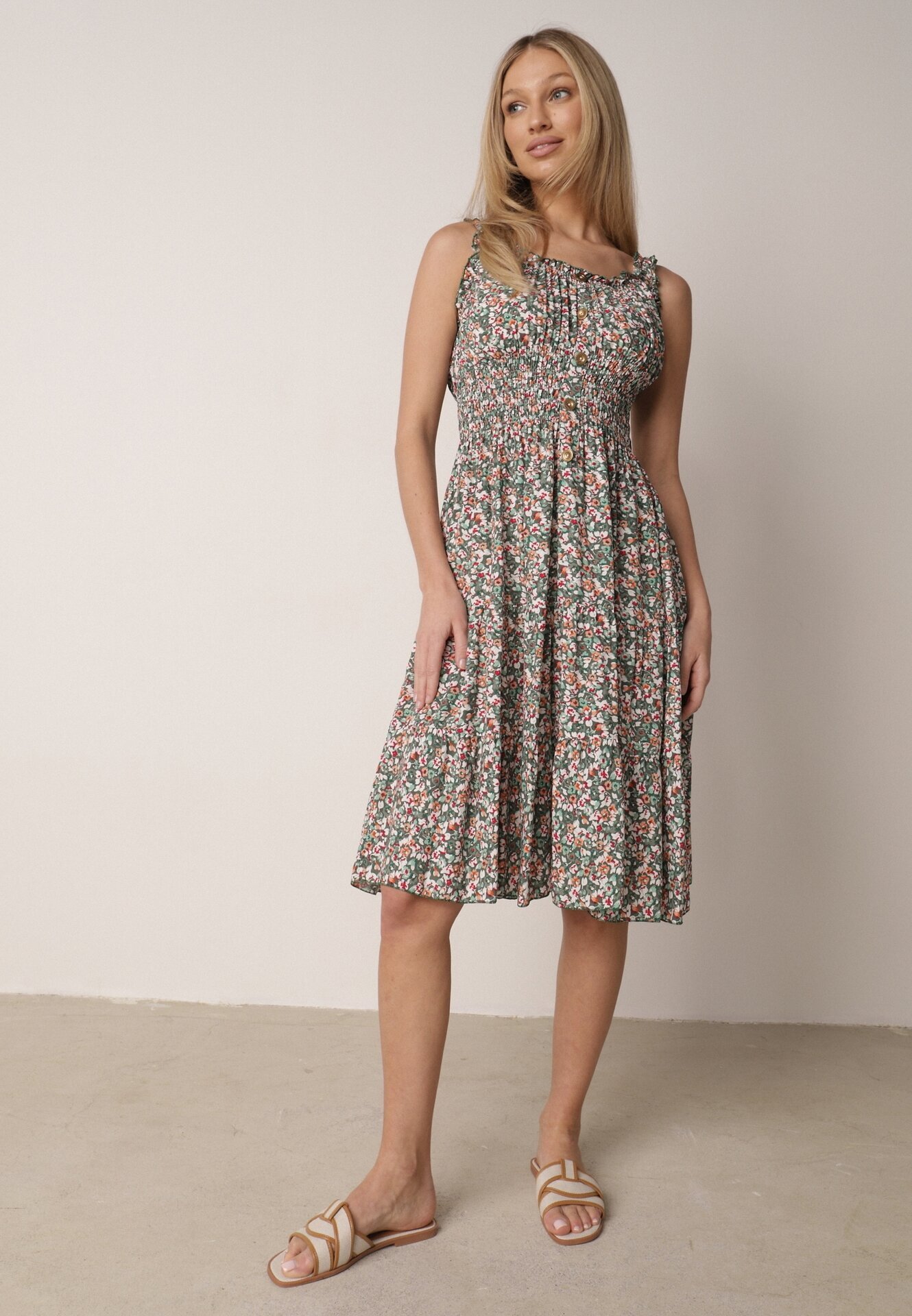  Rochie Evazată Verde-Roz din Bumbac Finisată cu elastic în talie Nelaris