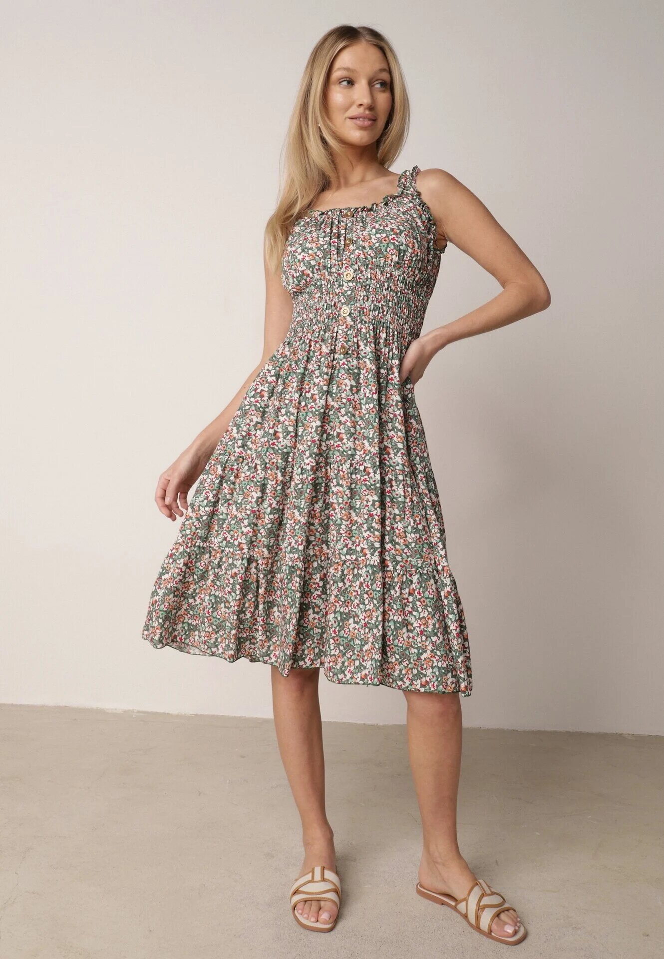  Rochie Evazată Verde-Roz din Bumbac Finisată cu elastic în talie Nelaris