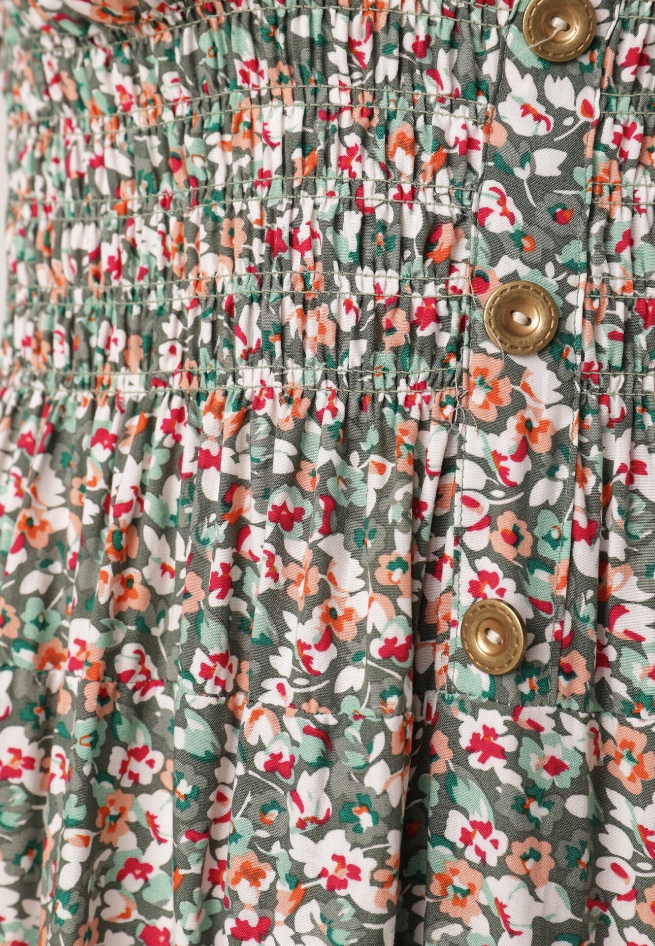  Rochie Evazată Verde-Roz din Bumbac Finisată cu elastic în talie Nelaris