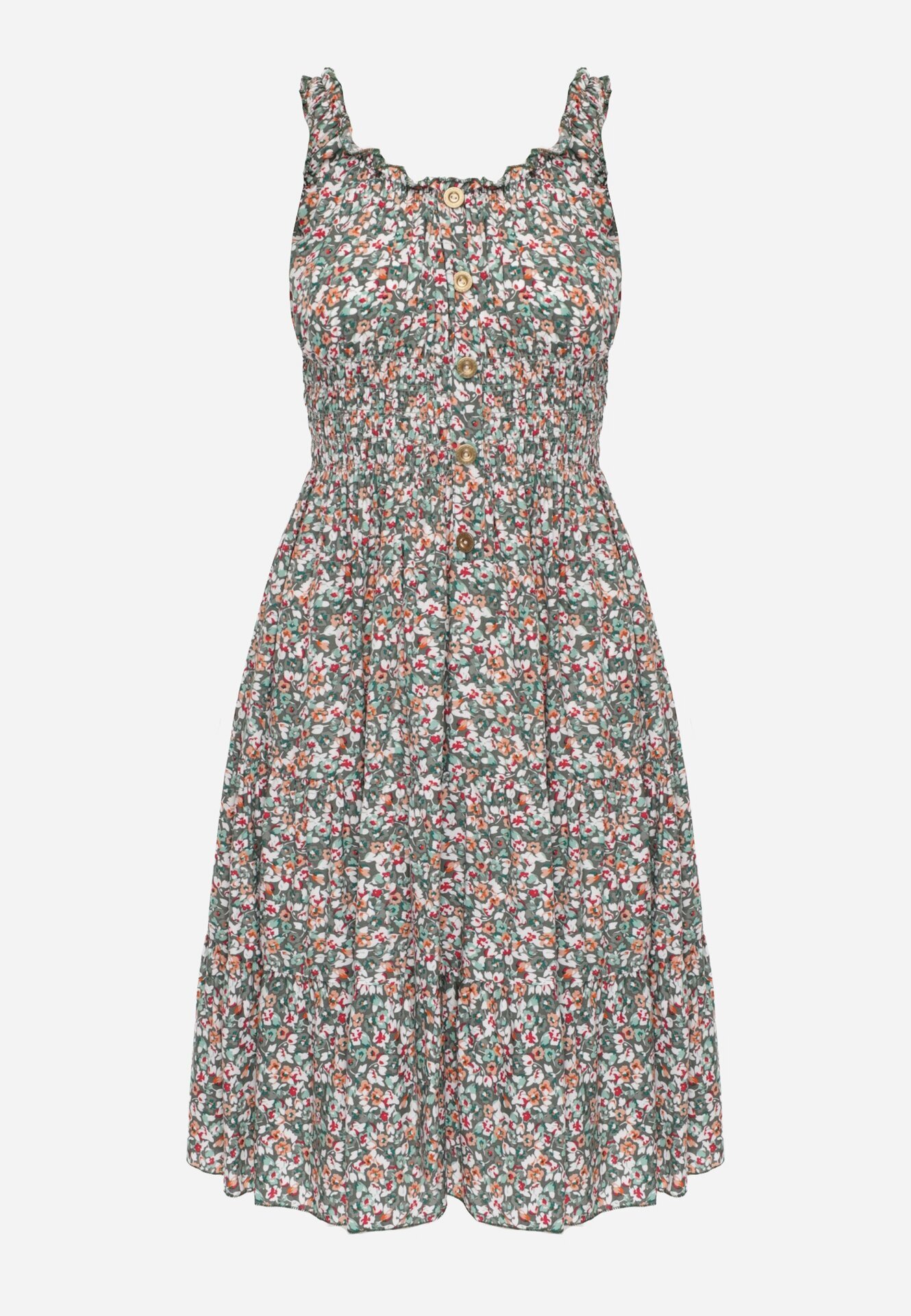  Rochie Evazată Verde-Roz din Bumbac Finisată cu elastic în talie Nelaris