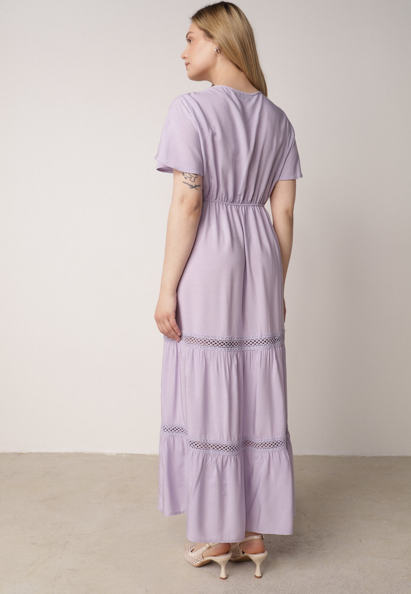  Rochie Fioletowa Maxi cu elastic în talie și inserții din dantelă Anandia