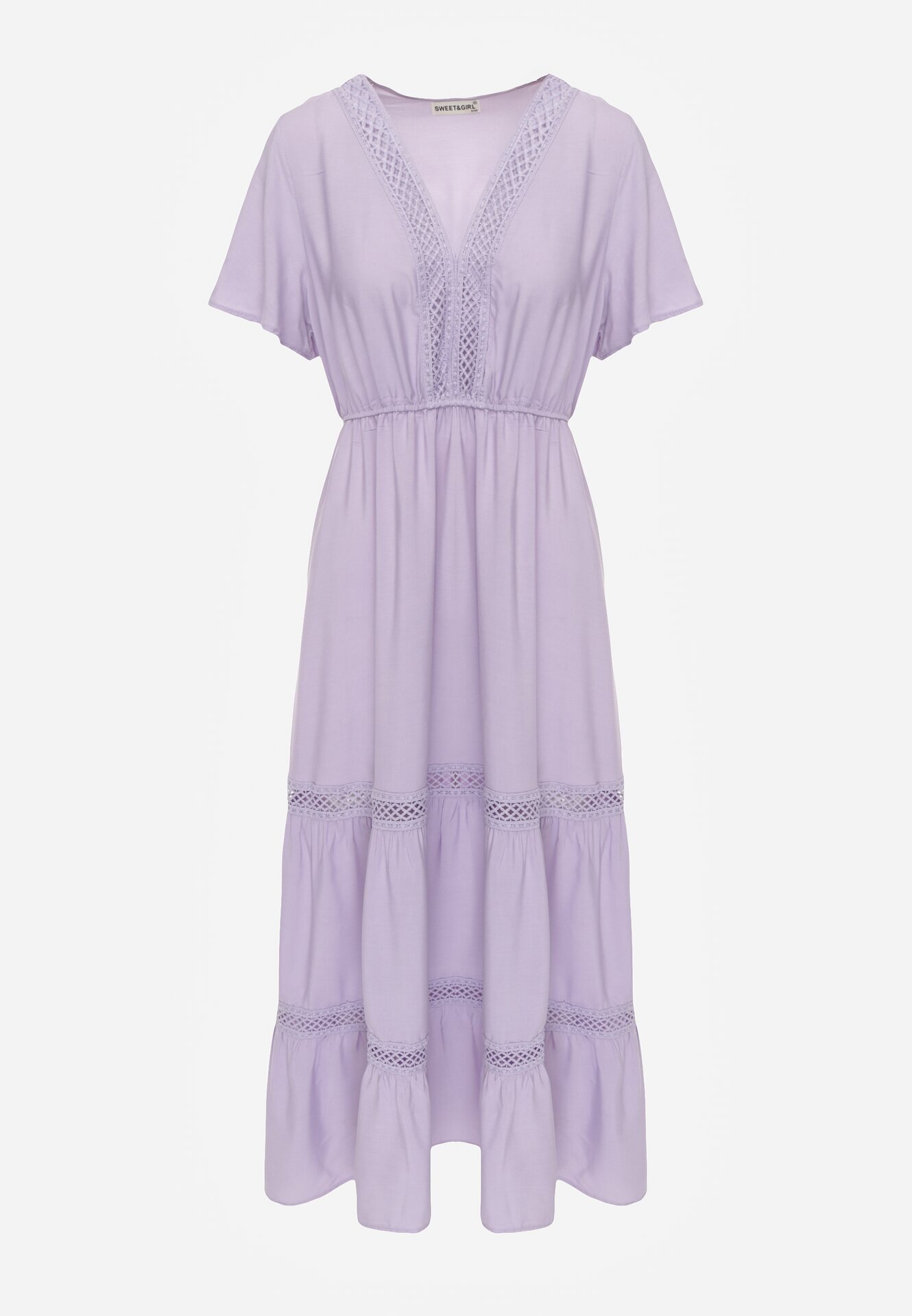  Rochie Fioletowa Maxi cu elastic în talie și inserții din dantelă Anandia