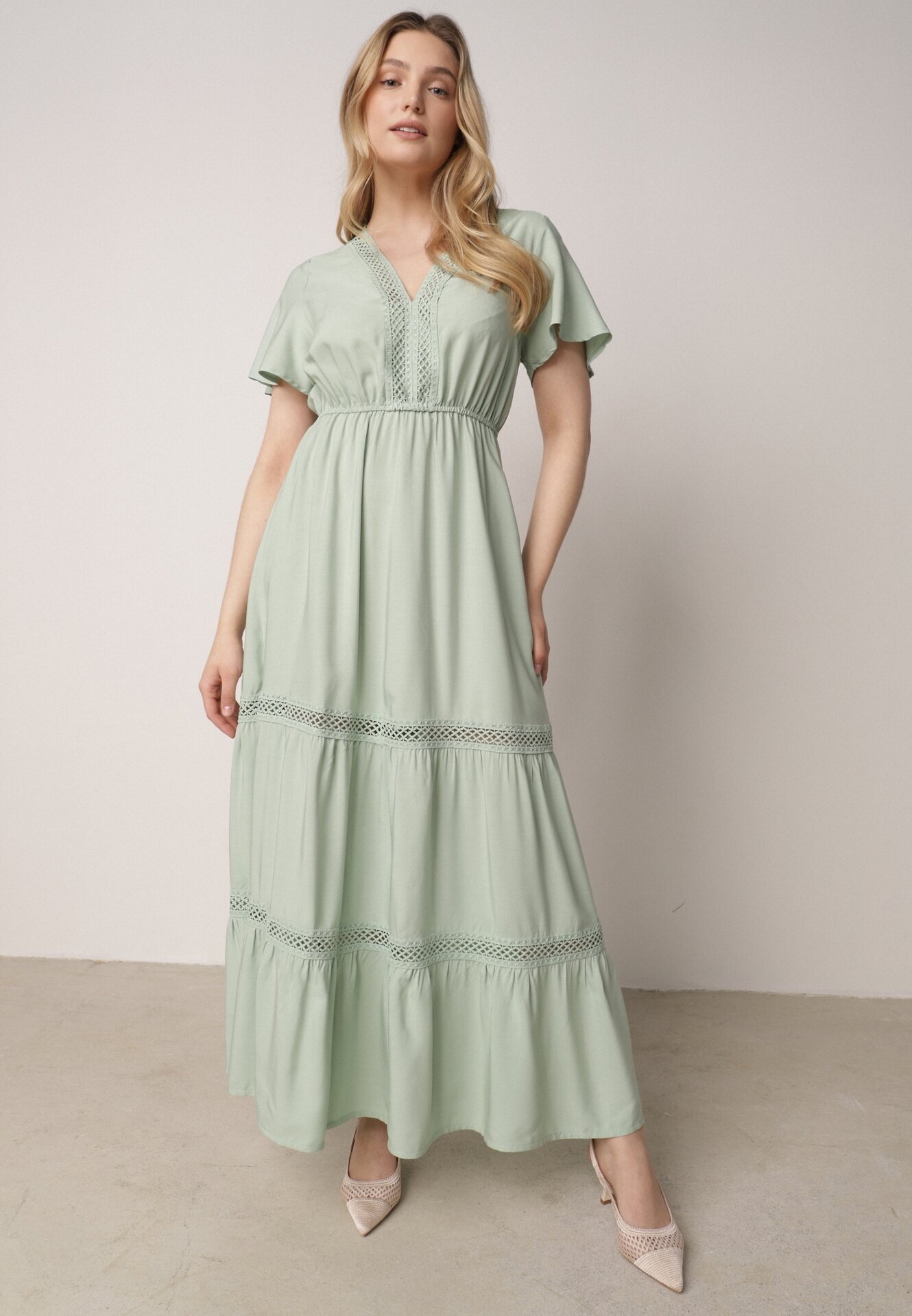  Rochie Maxi Mentă cu elastic în talie și inserții de dantelă Anandia