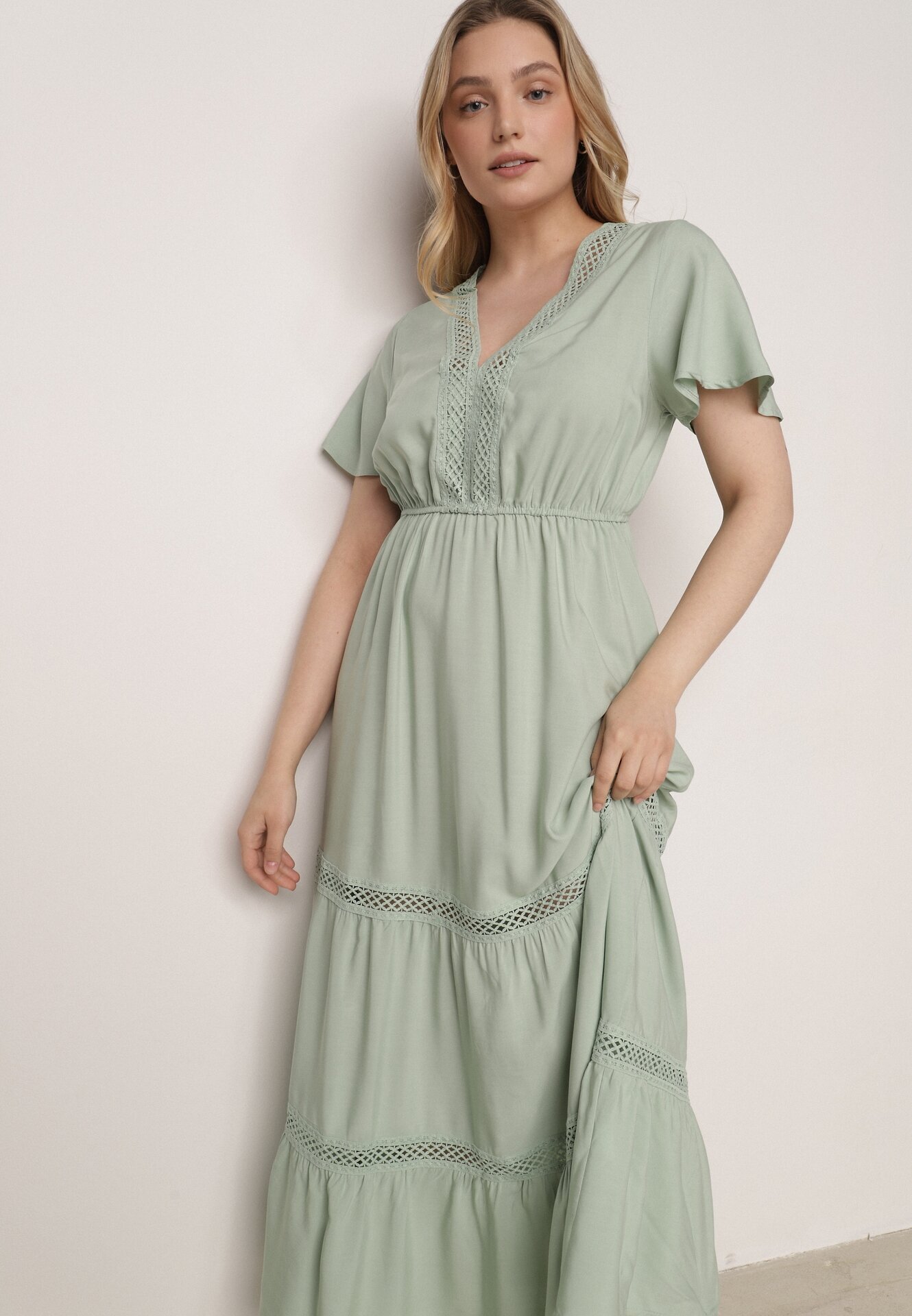  Rochie Maxi Mentă cu elastic în talie și inserții de dantelă Anandia