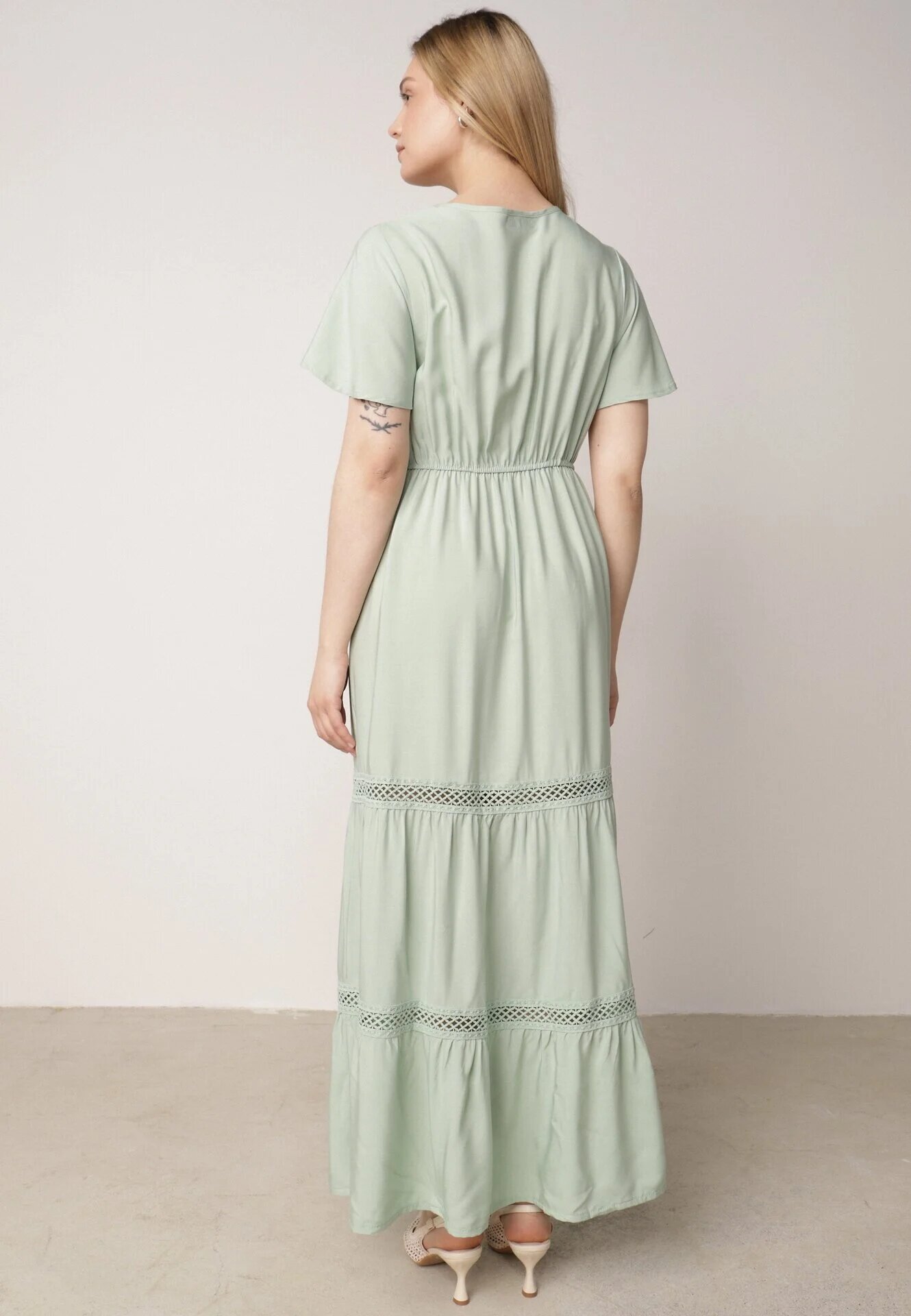  Rochie Maxi Mentă cu elastic în talie și inserții de dantelă Anandia