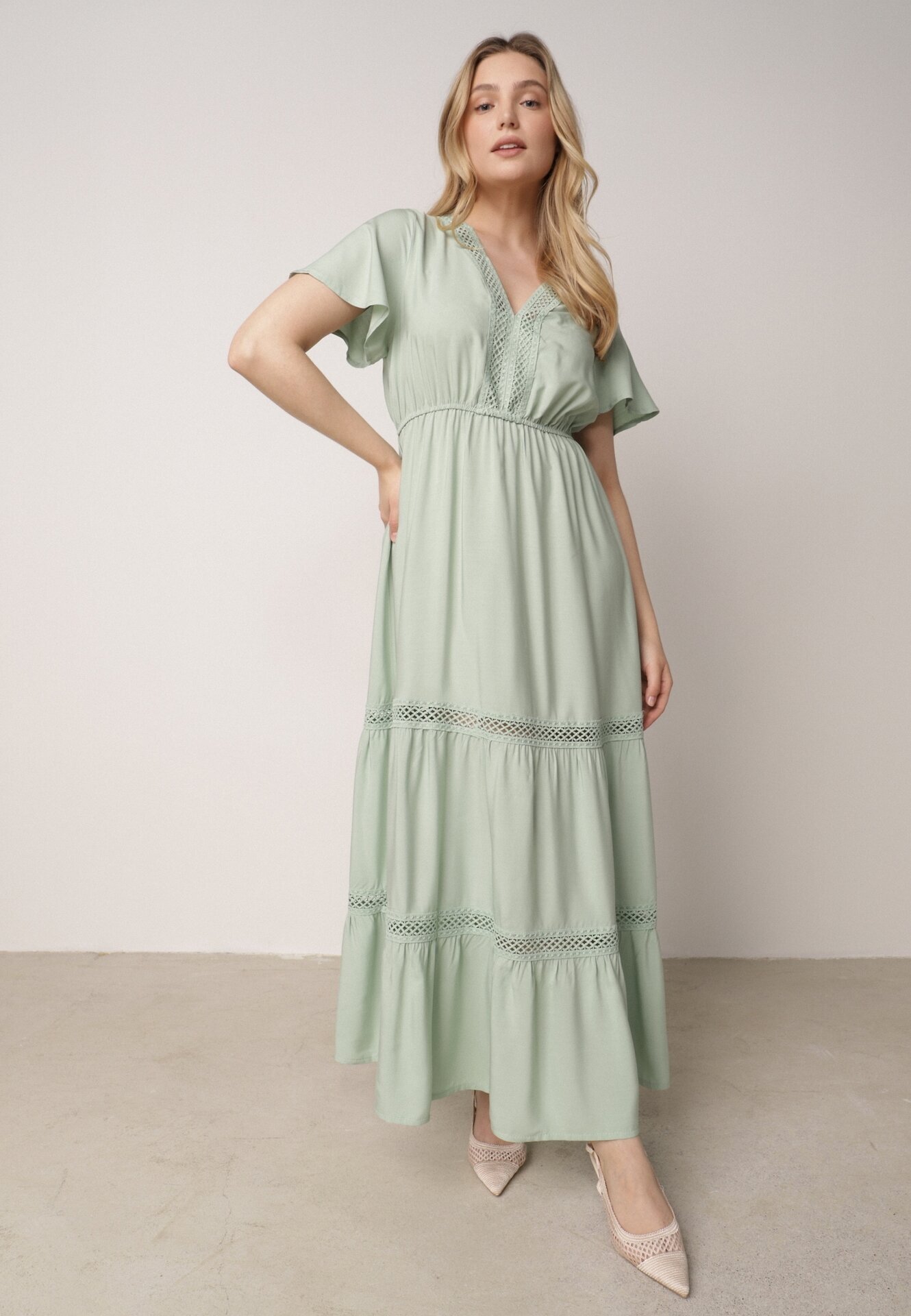  Rochie Maxi Mentă cu elastic în talie și inserții de dantelă Anandia