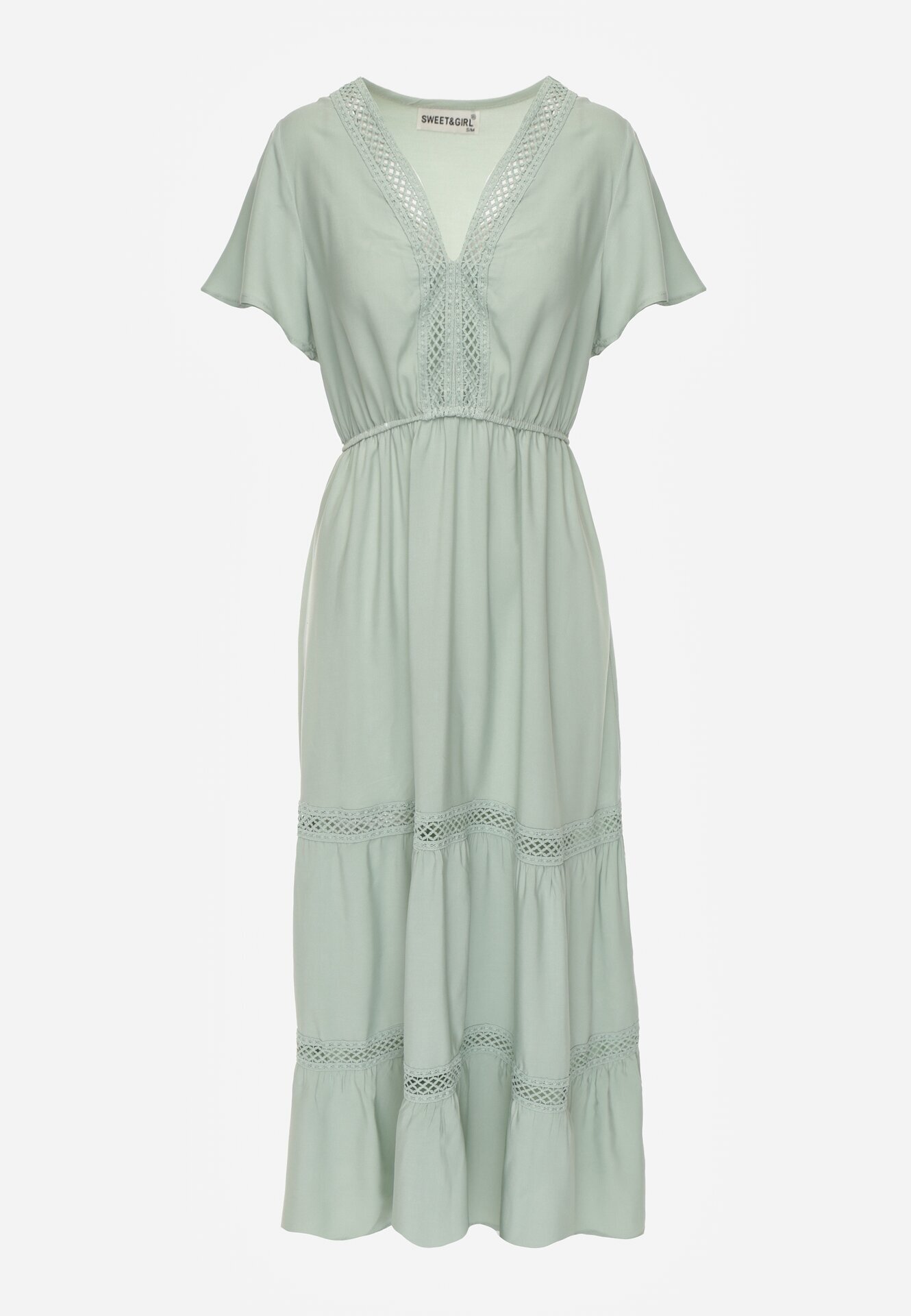  Rochie Maxi Mentă cu elastic în talie și inserții de dantelă Anandia