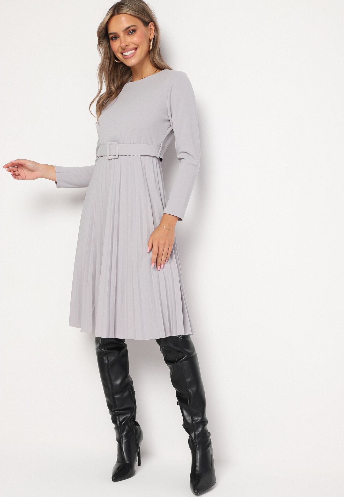  Rochie Midi Gri deschis cu Fustă Plisată și Curea Ondinetta