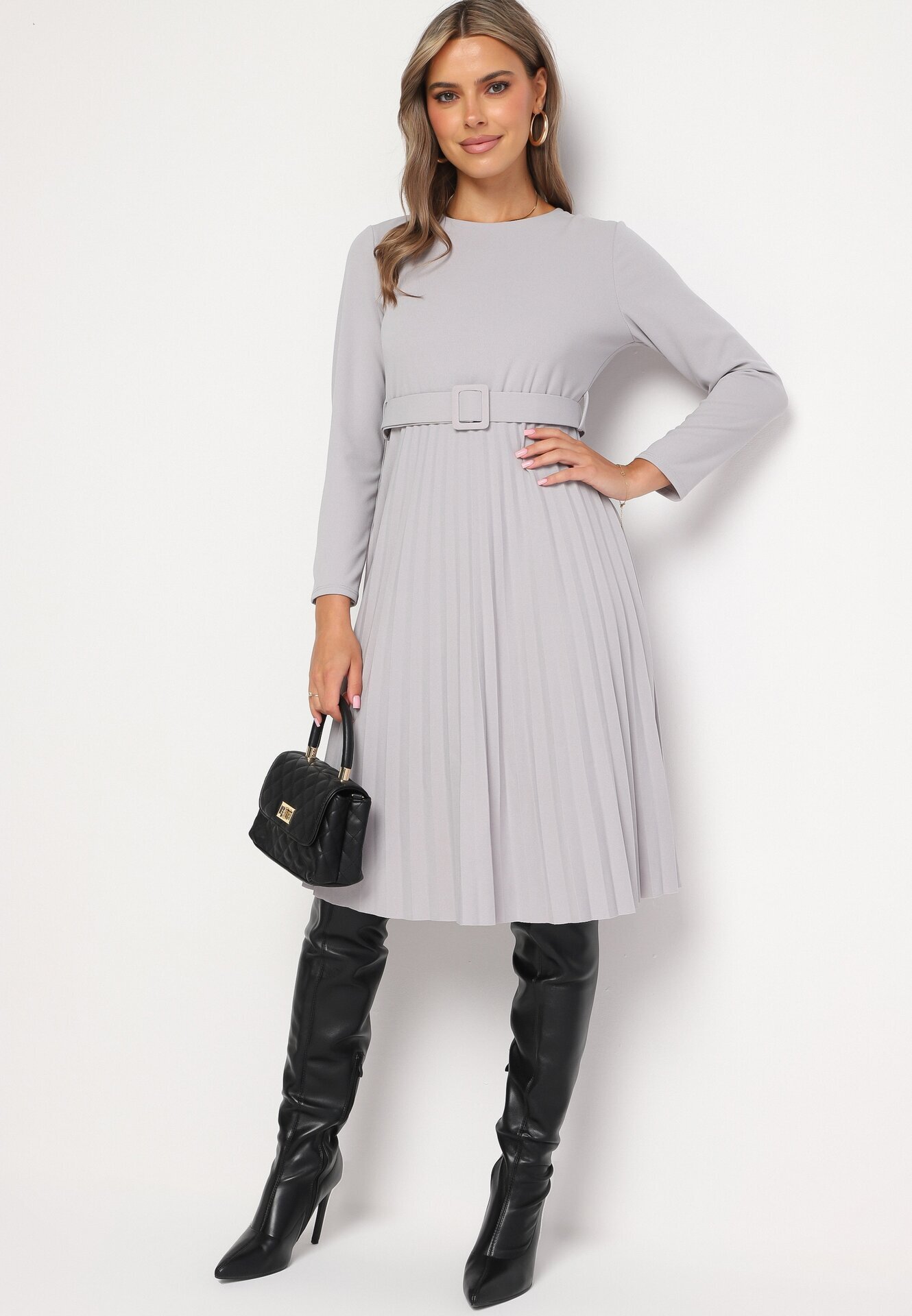  Rochie Midi Gri deschis cu Fustă Plisată și Curea Ondinetta