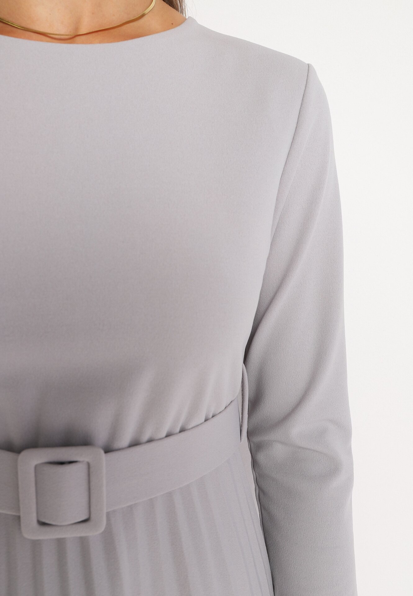  Rochie Midi Gri deschis cu Fustă Plisată și Curea Ondinetta