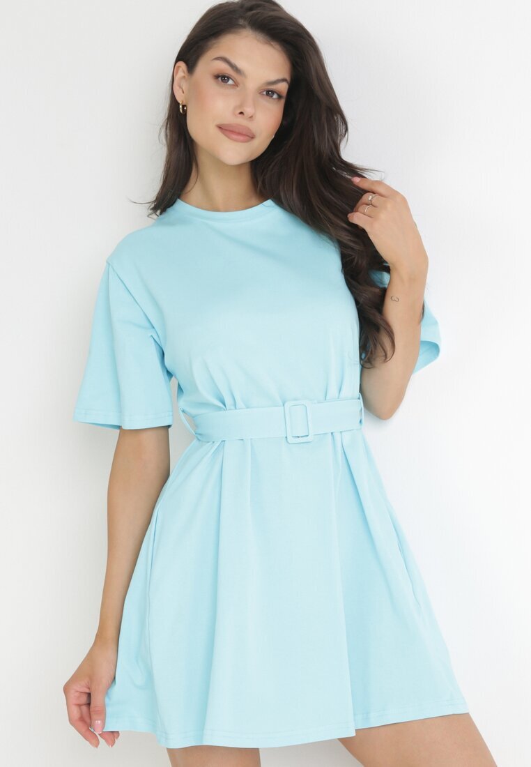  Rochie mini din bumbac albastru deschis cu curea din material cu cataramă Yakatoki