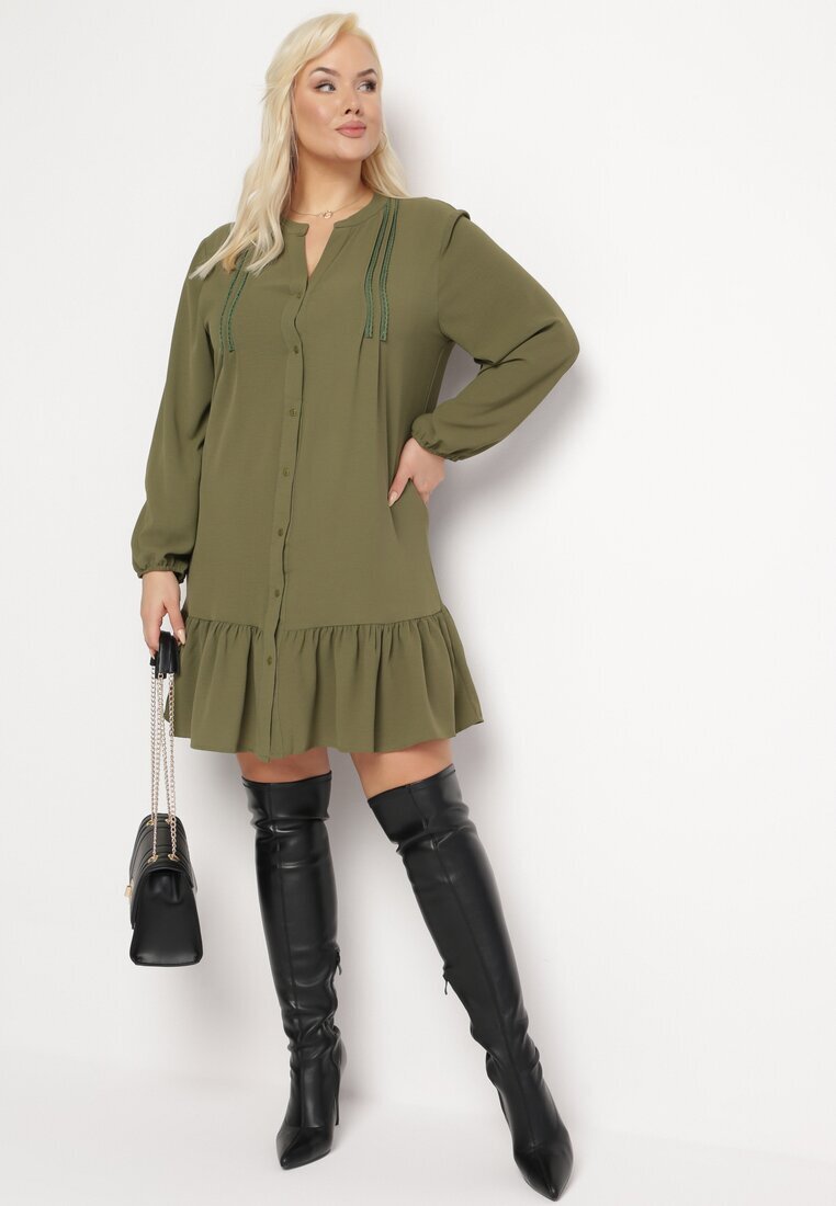  Rochie Mini Tip Cămașă Verde deschis cu Volănaș Brindel