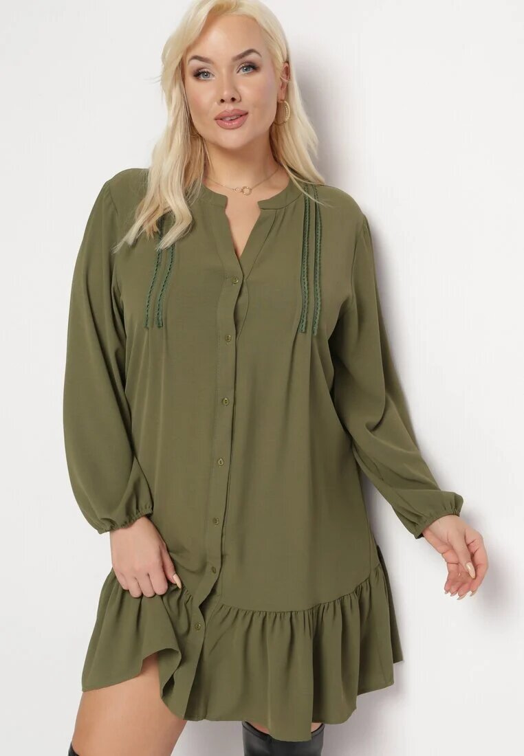  Rochie Mini Tip Cămașă Verde deschis cu Volănaș Brindel