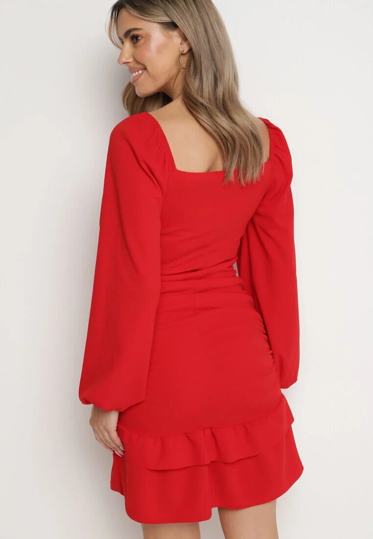  Rochie Mulată Roșie Mini cu Drapaj și Volan Derozza